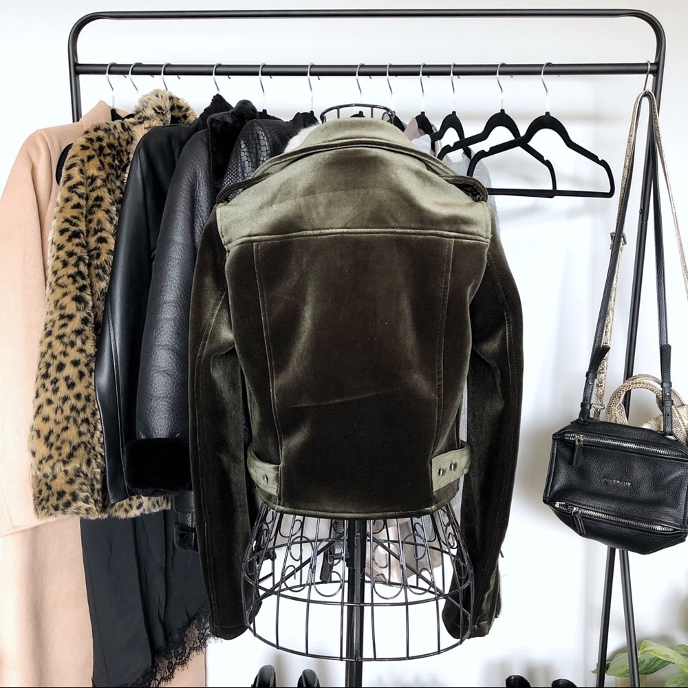 Olive Green Velvet Cropped Moto Jacket - Picture 3 of 5